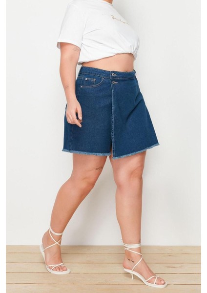 Büyük Beden Moda Denim Normal Bel Dar Paça Gündelik Yüksek Bel Etek Uçu Püsküllü Şort Etek