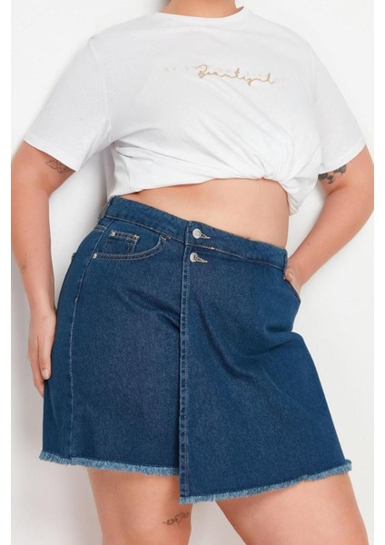Büyük Beden Moda Denim Normal Bel Dar Paça Gündelik Yüksek Bel Etek Uçu Püsküllü Şort Etek