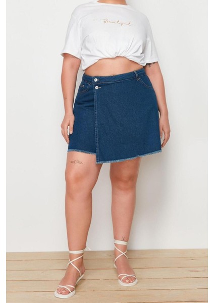 Büyük Beden Moda Denim Normal Bel Dar Paça Gündelik Yüksek Bel Etek Uçu Püsküllü Şort Etek