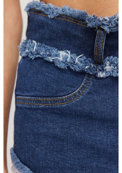 Moda Denim Yüksek Bel Dar Paça Plaj Mavi Denim Püsküllü Şort Bermuda fırsatları