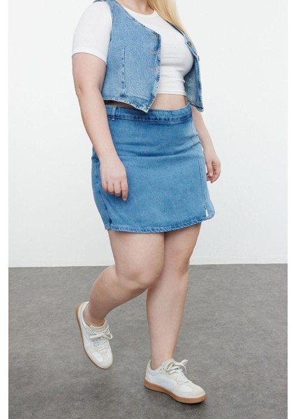 Büyük Beden Moda Denim Yüksek Bel Geniş Paça Gündelik Mavi Yırtmaçlı Şort Etek fiyatları