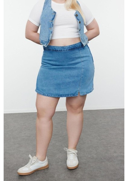 Büyük Beden Moda Denim Yüksek Bel Geniş Paça Gündelik Mavi Yırtmaçlı Şort Etek modelleri