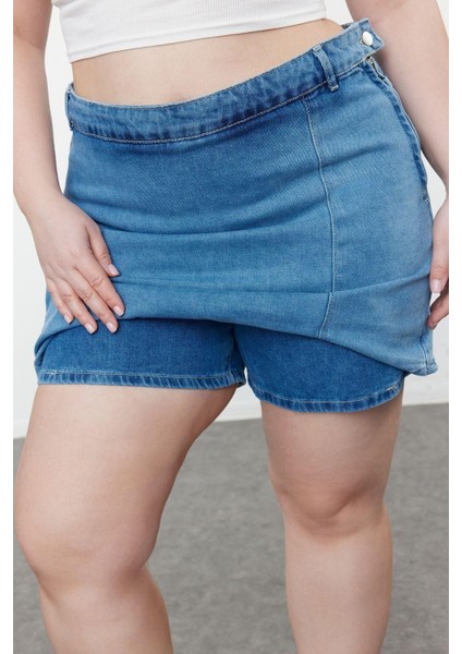 Büyük Beden Moda Denim Yüksek Bel Geniş Paça Gündelik Mavi Yırtmaçlı Şort Etek fırsatları
