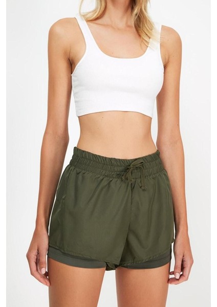 Moda Örme Normal Bel Boru Paça Sportswear Haki Paraşüt Kumaş 2 Katmanlı Içi Şortlu Örme Spor Şort