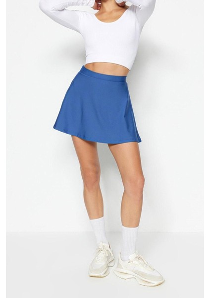 Moda Örme Yüksek Bel Geniş Paça Sportswear Indıgo 2 Katmanlı Içi Şortlu Tenis Spor Şort Etek