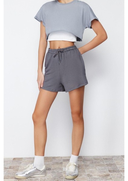Moda Örme Normal Bel Boru Paça Gündelik Antrasit Beli Lastikli Basic Yumuşak Tuşeli Şort Bermuda modelleri