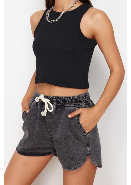 Moda Denim Yüksek Bel Geniş Paça Gündelik Siyah %100 Keten Pileli Yüksek Bel Şort