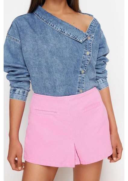 Moda Denim Yüksek Bel Boru Paça Gündelik Pembe Cep Detaylı Yüksek Bel Denim Şort fiyatları