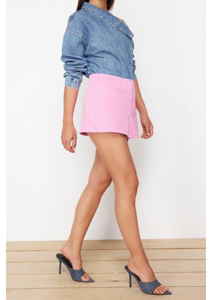Moda Denim Yüksek Bel Boru Paça Gündelik Pembe Cep Detaylı Yüksek Bel Denim Şort fırsatları
