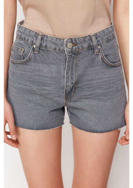 Moda Denim Yüksek Bel Geniş Paça Gündelik Gri Mini Şort