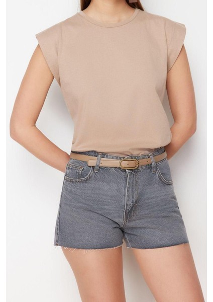 Moda Denim Yüksek Bel Geniş Paça Gündelik Gri Mini Şort