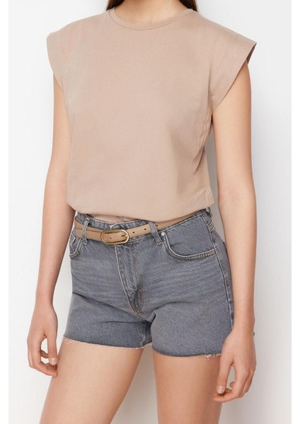 Moda Denim Yüksek Bel Geniş Paça Gündelik Gri Mini Şort