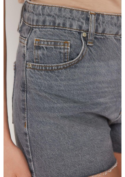Moda Denim Yüksek Bel Geniş Paça Gündelik Gri Mini Şort