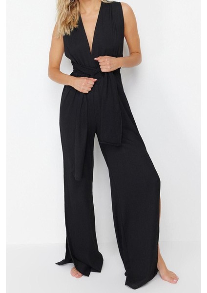 Kadın Moda Standart Kol Geniş Paça V Yaka Düz Desen Uzun Siyah Kuşaklı Dokuma Tulum modelleri