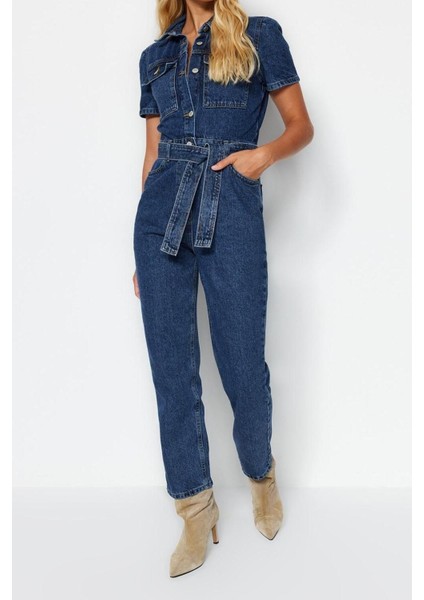 Kadın Moda Standart Kol Boru Paça Ceket Yaka Düz Desen Uzun Kemerli Denim Tulum fiyatları