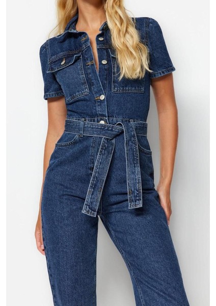 Kadın Moda Standart Kol Boru Paça Ceket Yaka Düz Desen Uzun Kemerli Denim Tulum modelleri