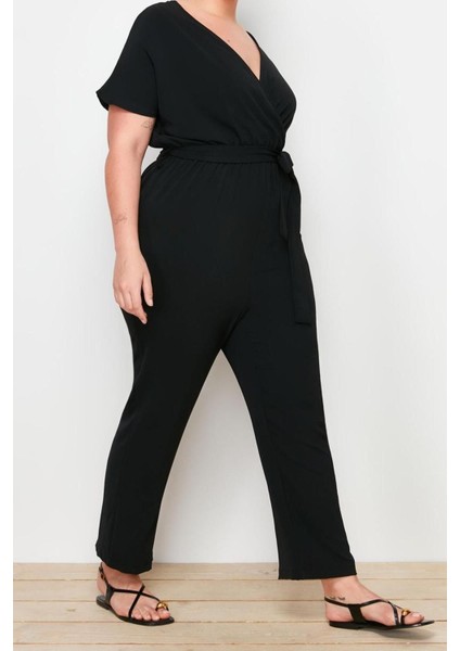 Büyük Beden Kadın Moda Düşük Kol Regular Kruvaze Düz Desen Uzun Kemerli Tulum