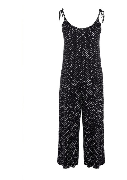 Büyük Beden Kadın Moda Standart Kol Regular V Yaka Puantiyeli Desen Uzun Çiçek Desenli Dokuma Tulum