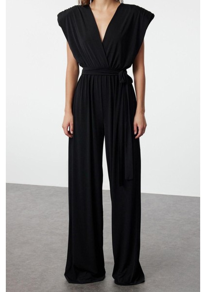 Kadın Moda Standart Kol Geniş Paça Kruvaze Düz Desen Regular V Yaka Kuşaklı Örme Tulum