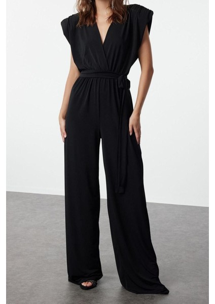 Kadın Moda Standart Kol Geniş Paça Kruvaze Düz Desen Regular V Yaka Kuşaklı Örme Tulum fiyatları