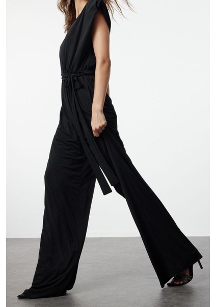 Kadın Moda Standart Kol Geniş Paça Kruvaze Düz Desen Regular V Yaka Kuşaklı Örme Tulum modelleri