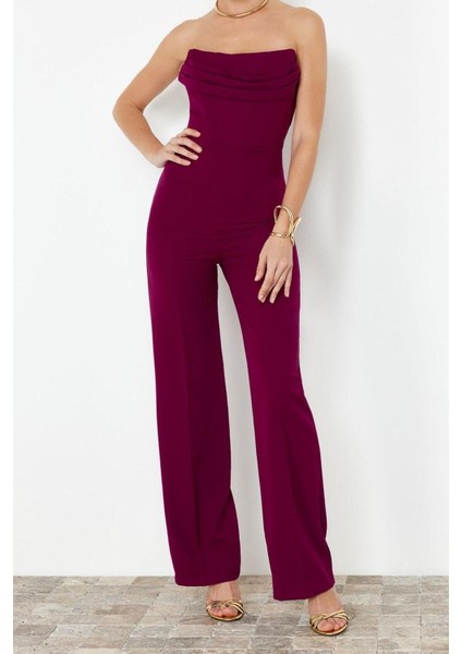 Kadın Moda Standart Kol Geniş Paça Straplez Düz Desen Regular Korse Detaylı Dokuma Tulum