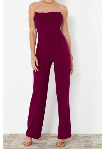 Kadın Moda Standart Kol Geniş Paça Straplez Düz Desen Regular Korse Detaylı Dokuma Tulum