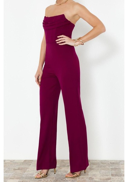 Kadın Moda Standart Kol Geniş Paça Straplez Düz Desen Regular Korse Detaylı Dokuma Tulum