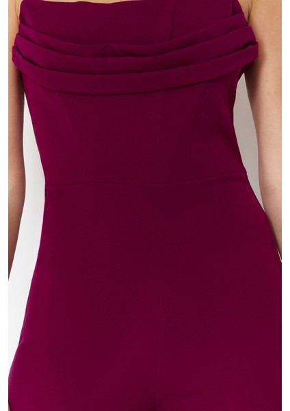 Kadın Moda Standart Kol Geniş Paça Straplez Düz Desen Regular Korse Detaylı Dokuma Tulum