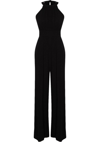 Kadın Moda Reglan Kol Boru Paça Halter Yaka Uzun Beli Büzgü Detaylı Geniş Paça Maxi Dokuma Tulum