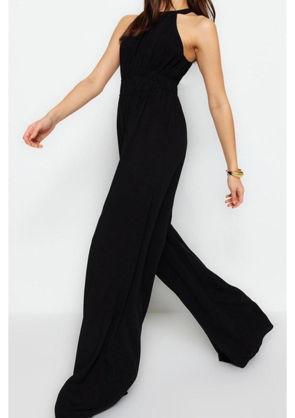 Kadın Moda Reglan Kol Boru Paça Halter Yaka Uzun Beli Büzgü Detaylı Geniş Paça Maxi Dokuma Tulum fiyatları