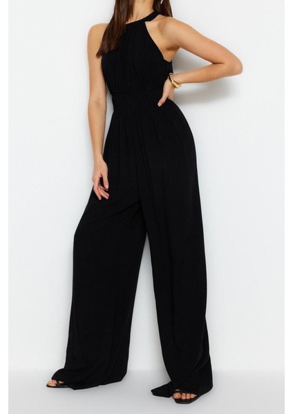 Kadın Moda Reglan Kol Boru Paça Halter Yaka Uzun Beli Büzgü Detaylı Geniş Paça Maxi Dokuma Tulum modelleri