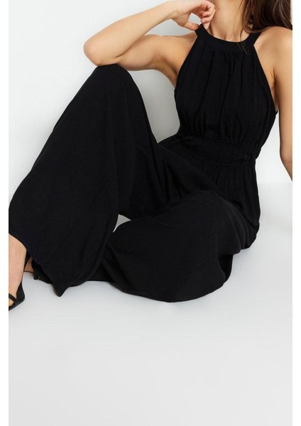 Kadın Moda Reglan Kol Boru Paça Halter Yaka Uzun Beli Büzgü Detaylı Geniş Paça Maxi Dokuma Tulum fırsatları