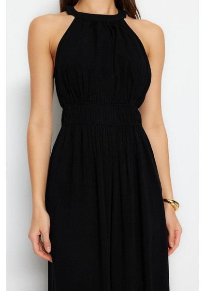 Kadın Moda Reglan Kol Boru Paça Halter Yaka Uzun Beli Büzgü Detaylı Geniş Paça Maxi Dokuma Tulum indirimleri