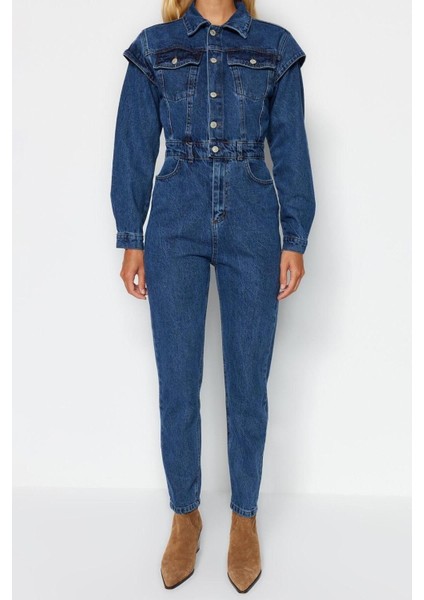 Kadın Moda Standart Kol Dar Paça Ceket Yaka Regular Dikiş Detaylı Denim Tulum