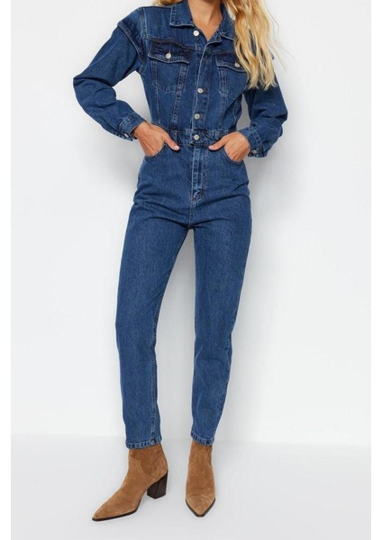 Kadın Moda Standart Kol Dar Paça Ceket Yaka Regular Dikiş Detaylı Denim Tulum fiyatları