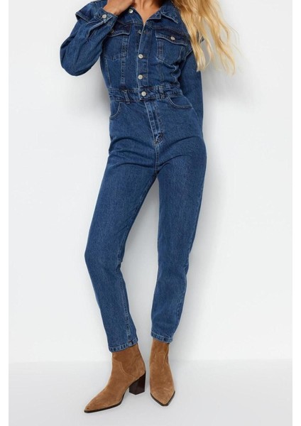 Kadın Moda Standart Kol Dar Paça Ceket Yaka Regular Dikiş Detaylı Denim Tulum fırsatları