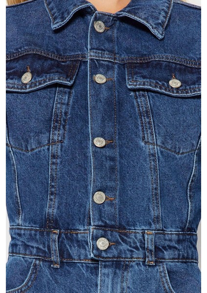Kadın Moda Standart Kol Dar Paça Ceket Yaka Regular Dikiş Detaylı Denim Tulum indirimleri
