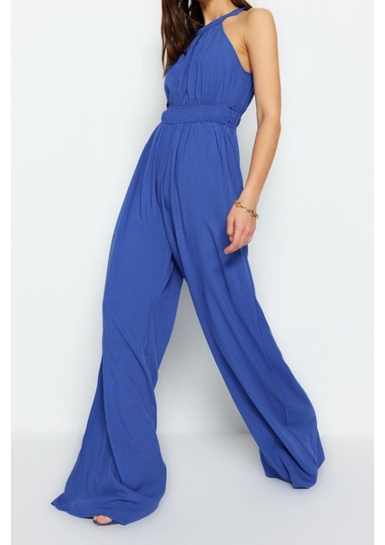 Kadın Moda Reglan Kol Boru Paça Halter Yaka Uzun Beli Büzgü Detaylı Geniş Paça Maxi Dokuma Tulum fiyatları