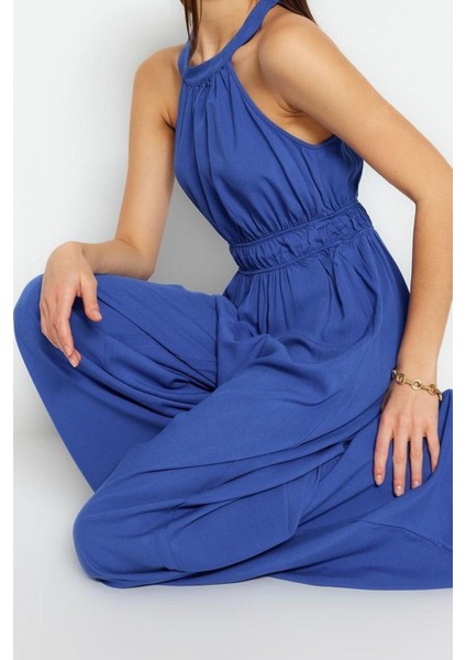 Kadın Moda Reglan Kol Boru Paça Halter Yaka Uzun Beli Büzgü Detaylı Geniş Paça Maxi Dokuma Tulum indirimleri