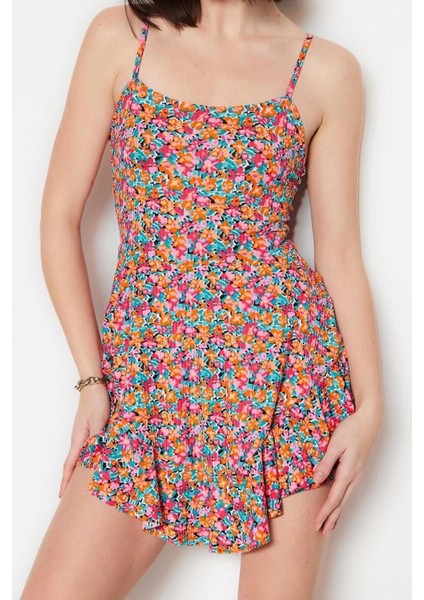 Kadın Moda Dar Paça Kare Yaka Puantiyeli Desen Kısa Baskılı Askılı Volanlı Şortlu Mini Örme Tulum fiyatları