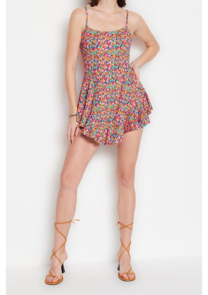 Kadın Moda Dar Paça Kare Yaka Puantiyeli Desen Kısa Baskılı Askılı Volanlı Şortlu Mini Örme Tulum fırsatları