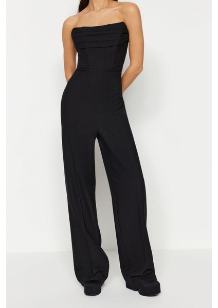 Kadın Moda Standart Kol Geniş Paça Straplez Düz Desen Regular Korse Detaylı Dokuma Tulum fiyatları