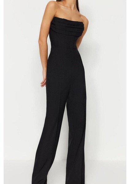 Kadın Moda Standart Kol Geniş Paça Straplez Düz Desen Regular Korse Detaylı Dokuma Tulum modelleri