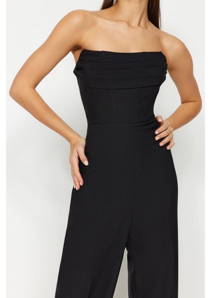 Kadın Moda Standart Kol Geniş Paça Straplez Düz Desen Regular Korse Detaylı Dokuma Tulum fırsatları