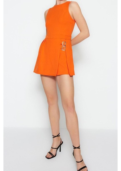 Kadın Moda Standart Kol Geniş Paça Bisiklet Yaka Kısa Mini Şort Etekli Kemer Detaylı Dokuma Tulum fiyatları