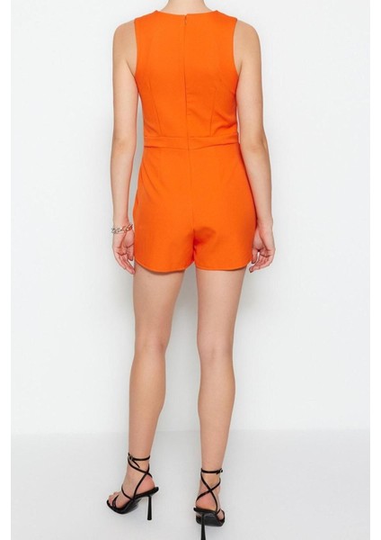 Kadın Moda Standart Kol Geniş Paça Bisiklet Yaka Kısa Mini Şort Etekli Kemer Detaylı Dokuma Tulum indirimleri