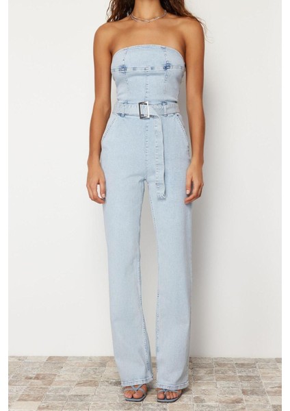 Standart Kol Geniş Paça Straplez Düz Desen Regular Kemerli Straplez Denim Tulum