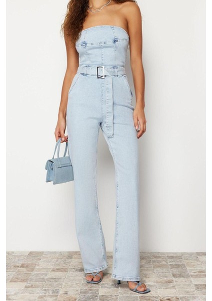 Standart Kol Geniş Paça Straplez Düz Desen Regular Kemerli Straplez Denim Tulum fiyatları