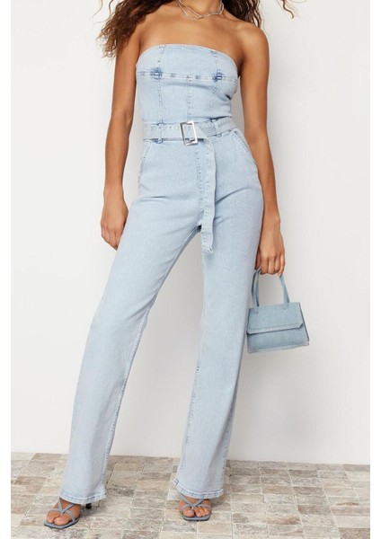 Standart Kol Geniş Paça Straplez Düz Desen Regular Kemerli Straplez Denim Tulum modelleri